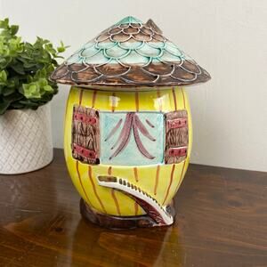 Italian MCM Hand Painted Ceramic Biscotti Cookie Jar Hut Cottage Whimsical Tiki